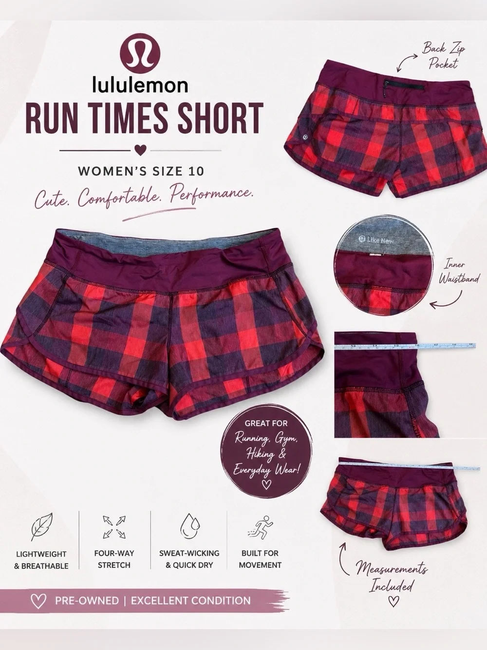 Lululemon Run Times Shorts – Women’s Size 10 – Red Plaid Running Athletic Shorts